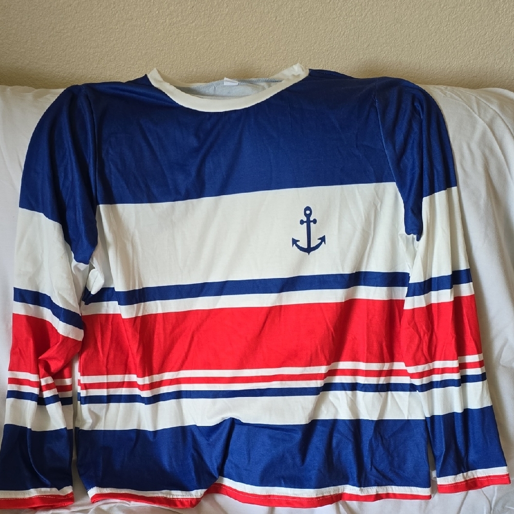 Size XL Nautical Anchor Striped Long Sleeve Shirt - Blue White Red
